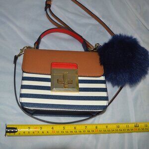 Aldo cross body purse or hand bag blue and white strip with red and gold accents